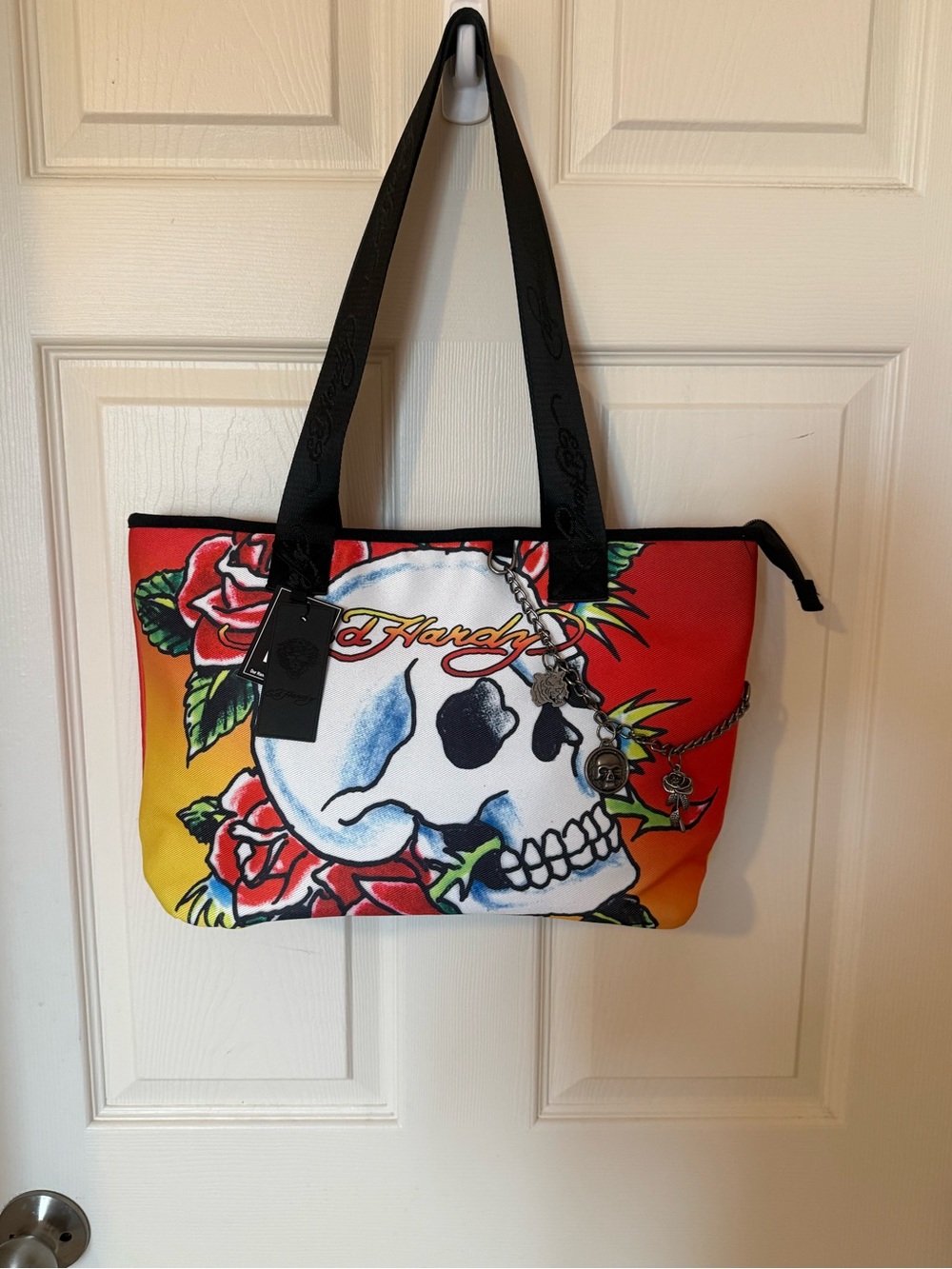 Ed Hardy Red & Yellow and Black Skull Rose Shoulder Tote with Black Straps